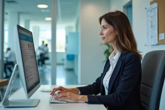 Administratrice hospitalière utilisant la messagerie sécurisée CHU Montpellier Espace agent sur son poste de travail