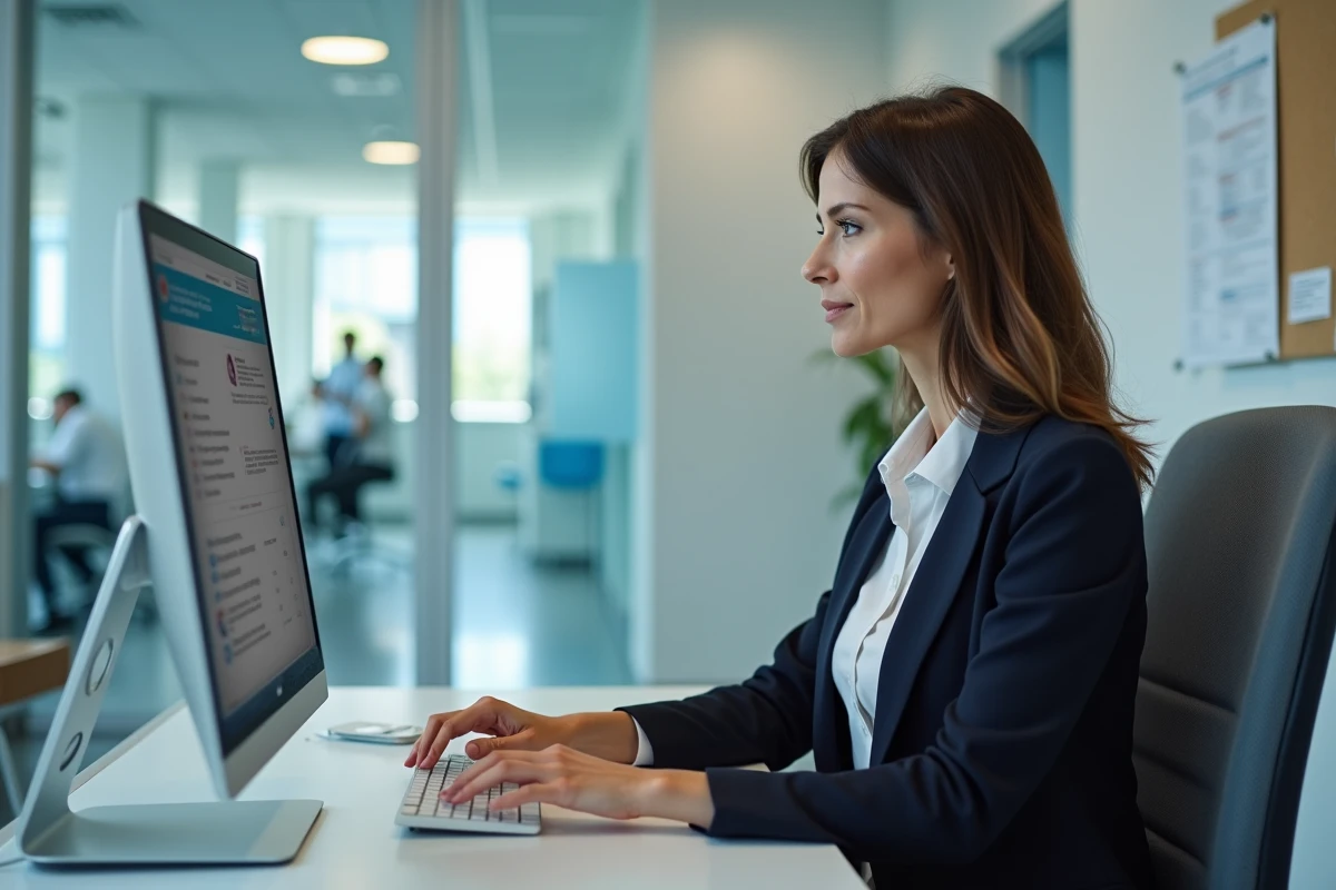 Administratrice hospitalière utilisant la messagerie sécurisée CHU Montpellier Espace agent sur son poste de travail