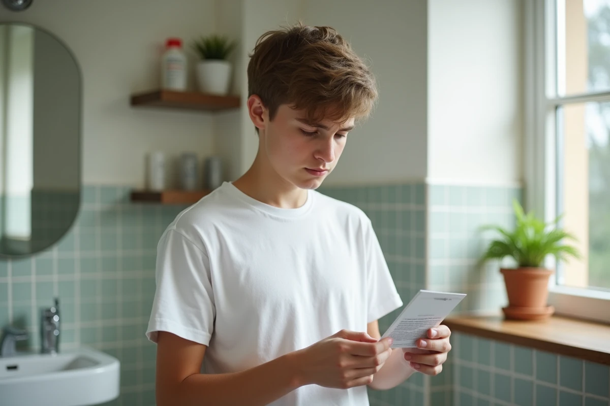 Adolescent lisant une notice de médicament dans la salle de bain