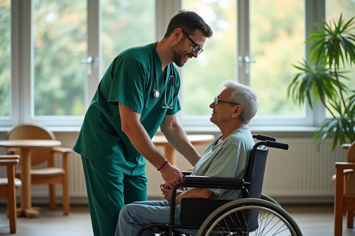 Infirmier aidant un patient âgé à s