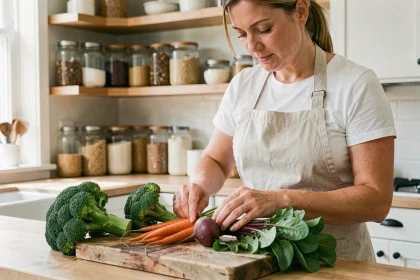 Femme préparant des légumes frais pour une alimentation saine favorable au foie et à la réduction du taux de GGT