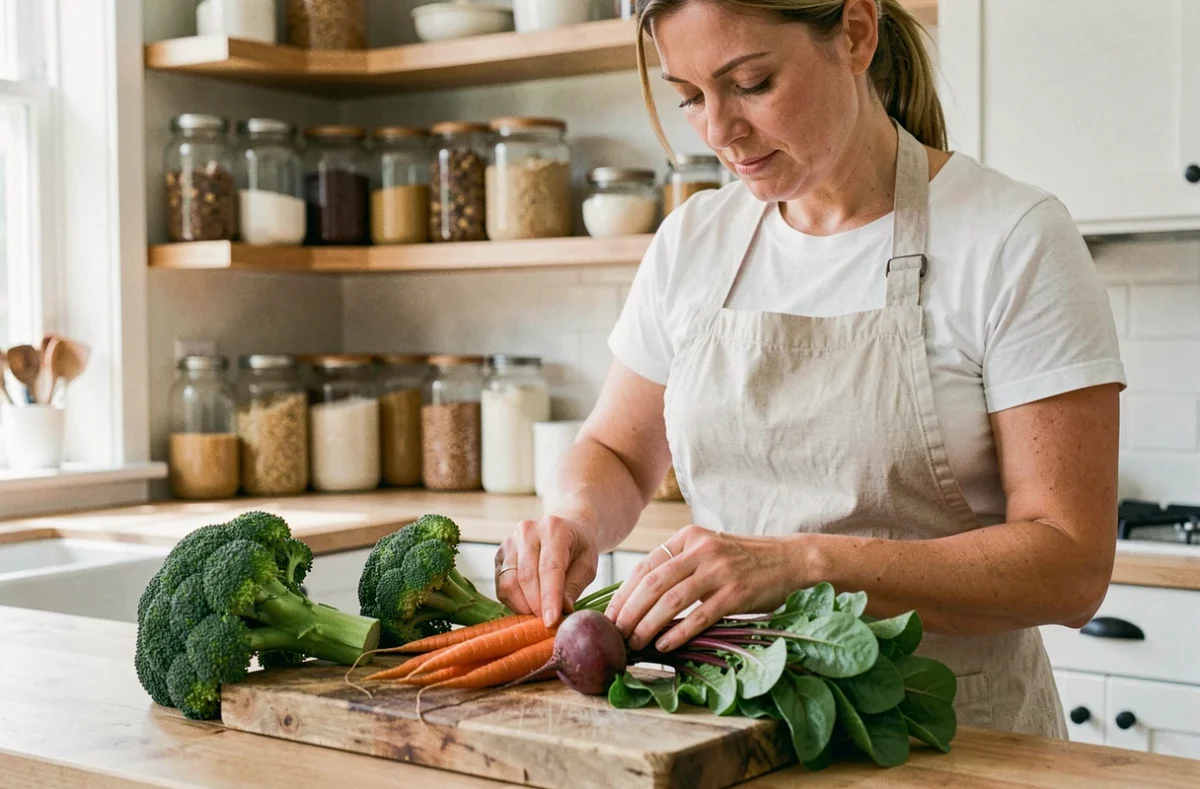 Femme préparant des légumes frais pour une alimentation saine favorable au foie et à la réduction du taux de GGT