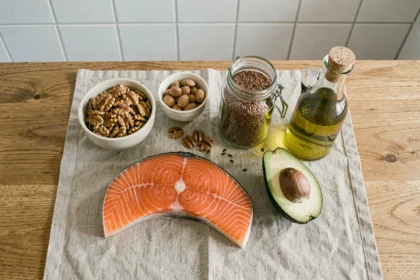 Aliments riches en oméga 3 disposés sur une table en bois : saumon, noix, graines de lin, avocat et huile d'olive
