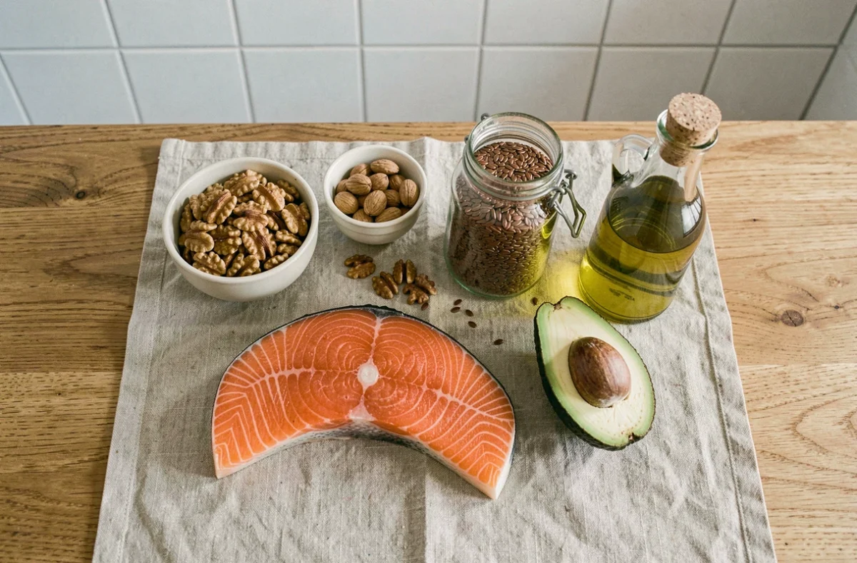 Aliments riches en oméga 3 disposés sur une table en bois : saumon, noix, graines de lin, avocat et huile d'olive