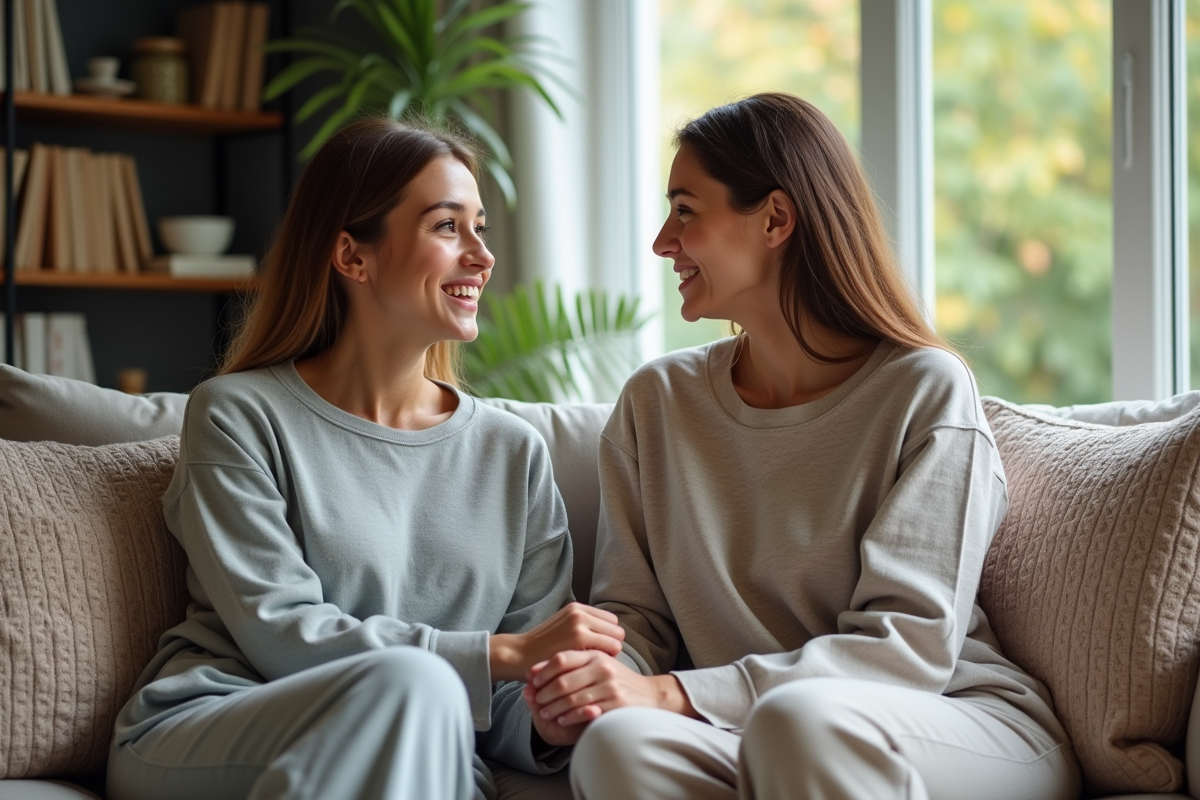 Deux femmes discutent et se soutiennent dans un salon