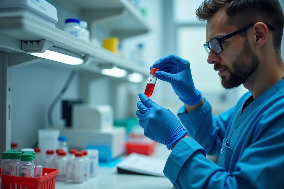 Technicien de laboratoire analysant un échantillon sanguin pour détecter la bilirubine liée à la maladie de Gilbert