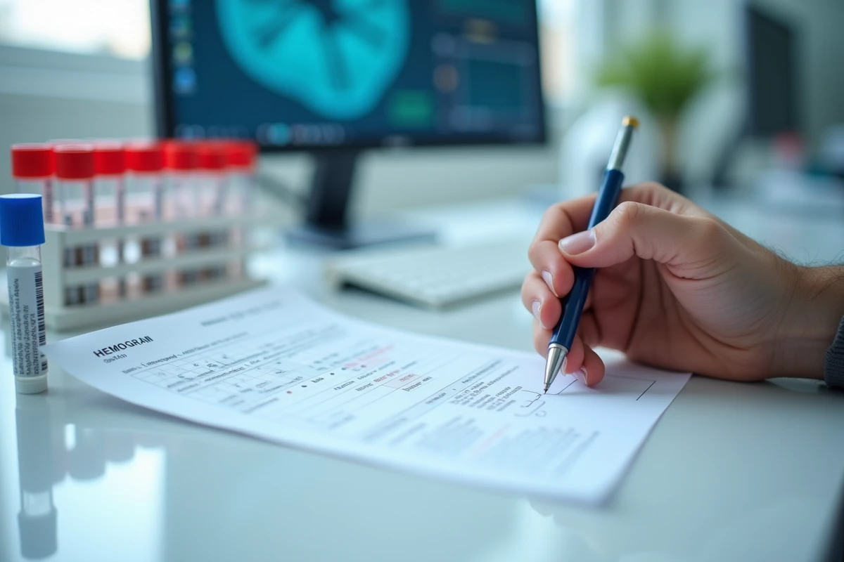 Gros plan sur resultat hemogramme et tube de sang sur laboratoire