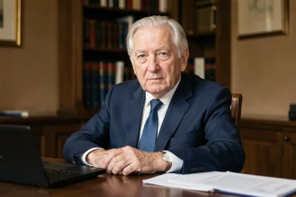 Portrait d'un ancien homme politique français âgé assis à son bureau, regard sérieux et posture digne