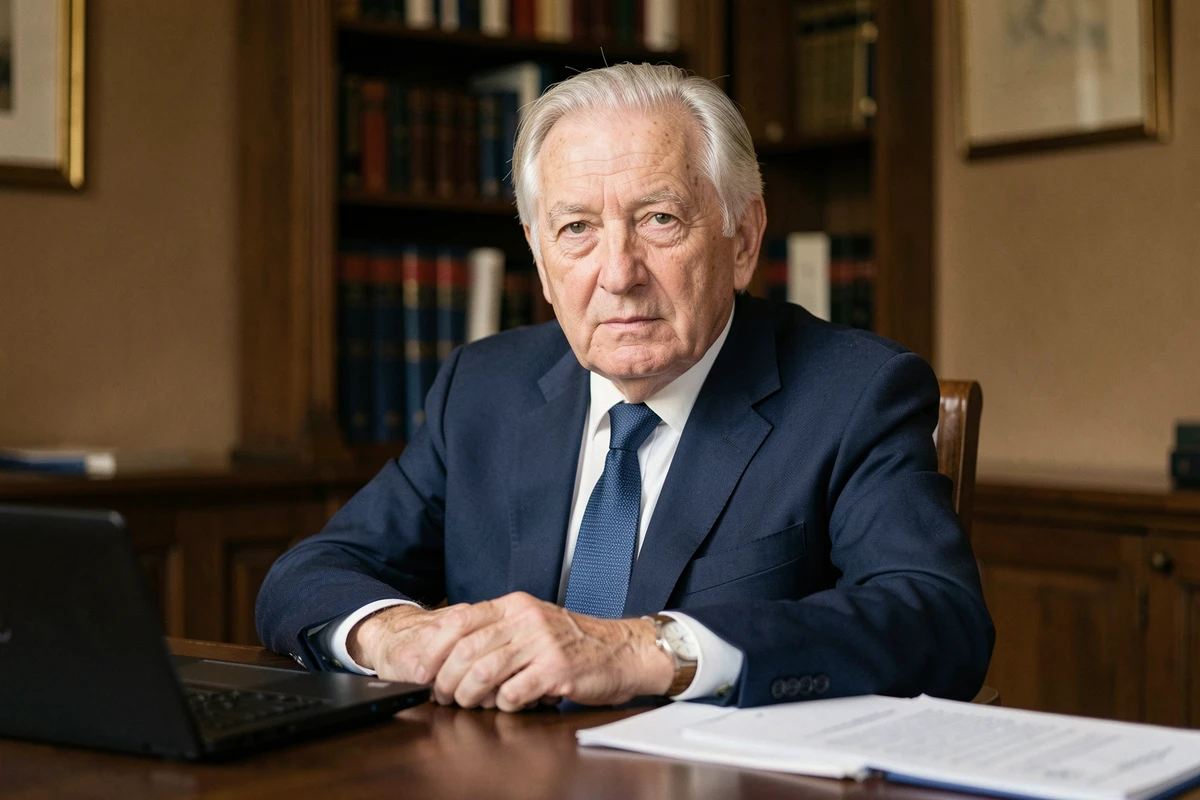 Portrait d'un ancien homme politique français âgé assis à son bureau, regard sérieux et posture digne