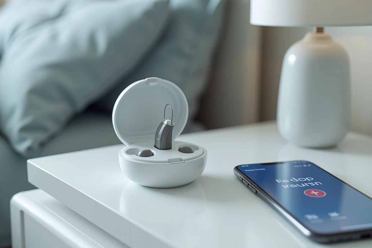 Appareil auditif rechargeable dans son boîtier de charge avec application de remboursement 100% Santé
