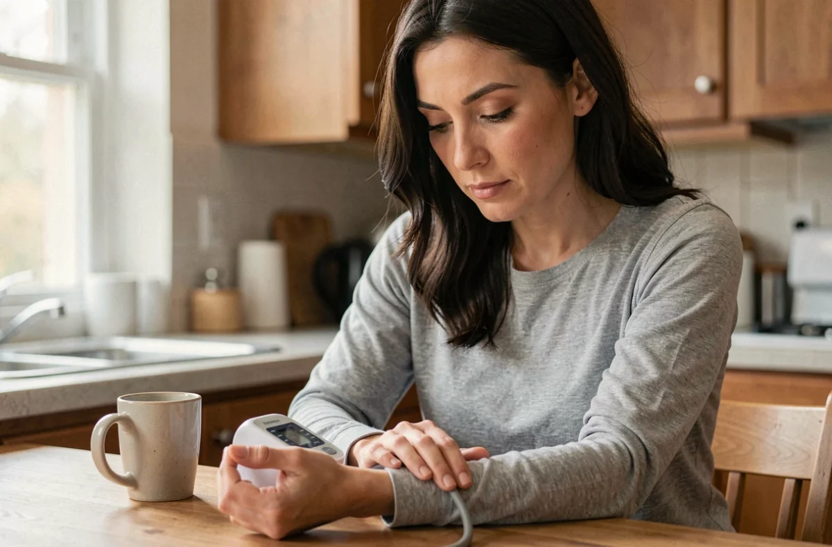 Femme adulte mesurant sa pression artérielle à domicile avec un tensiomètre de poignet dans une cuisine