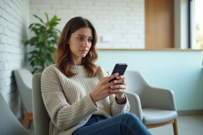 Femme consultant les avis négatifs d'un service dentaire sur son smartphone dans une salle d'attente