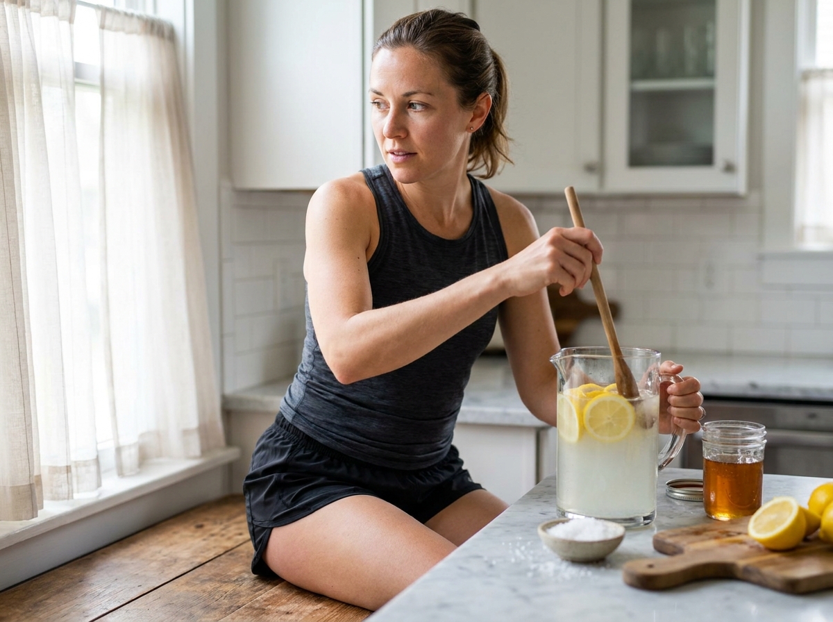 Femme sportive préparant une boisson électrolyte maison dans une cuisine moderne avec citrons, sel et miel
