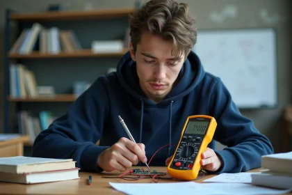 Étudiant en physique mesurant une tension électrique avec un multimètre sur un circuit imprimé posé sur un bureau universitaire