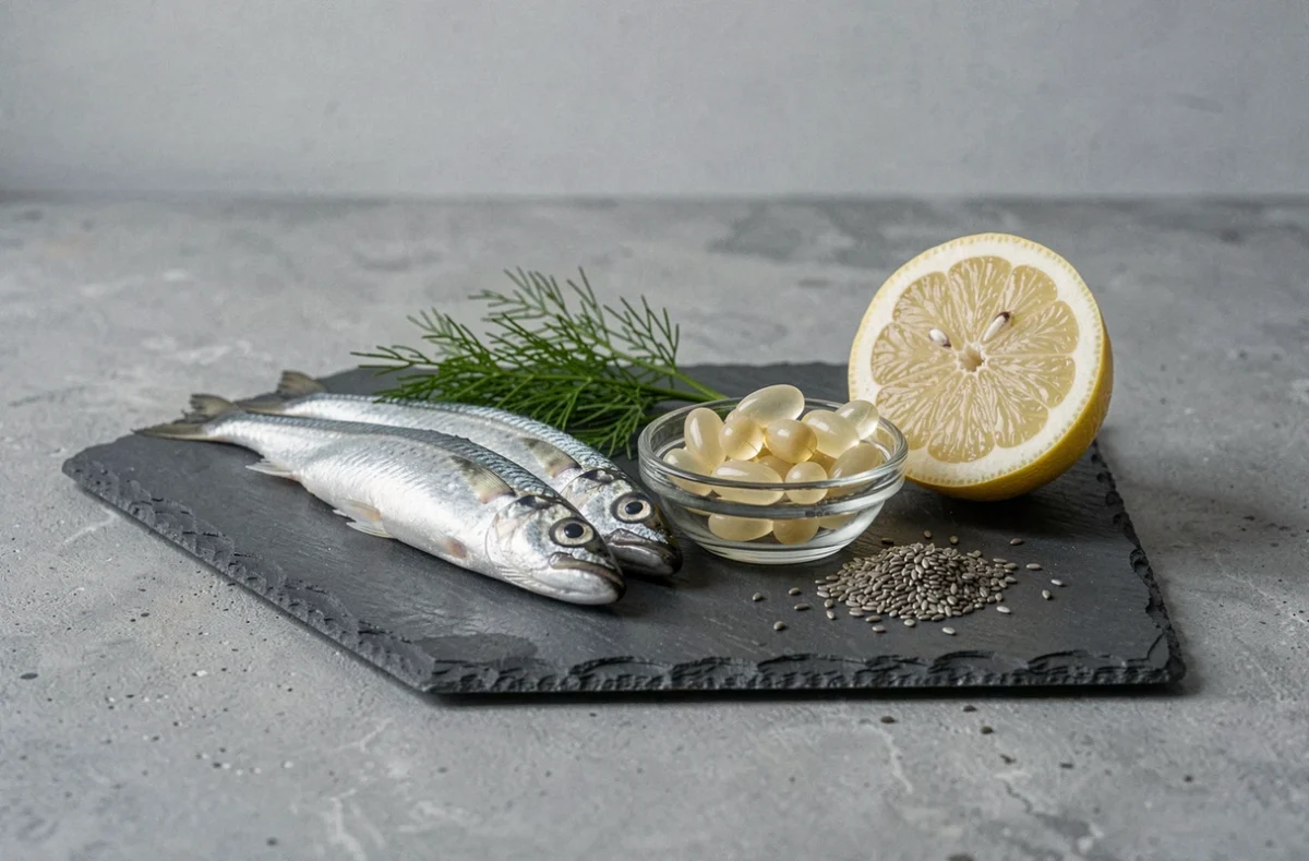 Gros plan sur des capsules d'oméga 3 et des sardines fraîches sur une ardoise avec citron et graines de chia