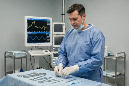 Cardiologue en bloc opératoire préparant le matériel avant la pose d'un pacemaker cardiaque