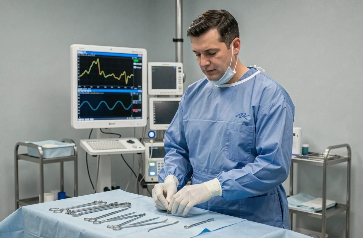 Cardiologue en bloc opératoire préparant le matériel avant la pose d'un pacemaker cardiaque