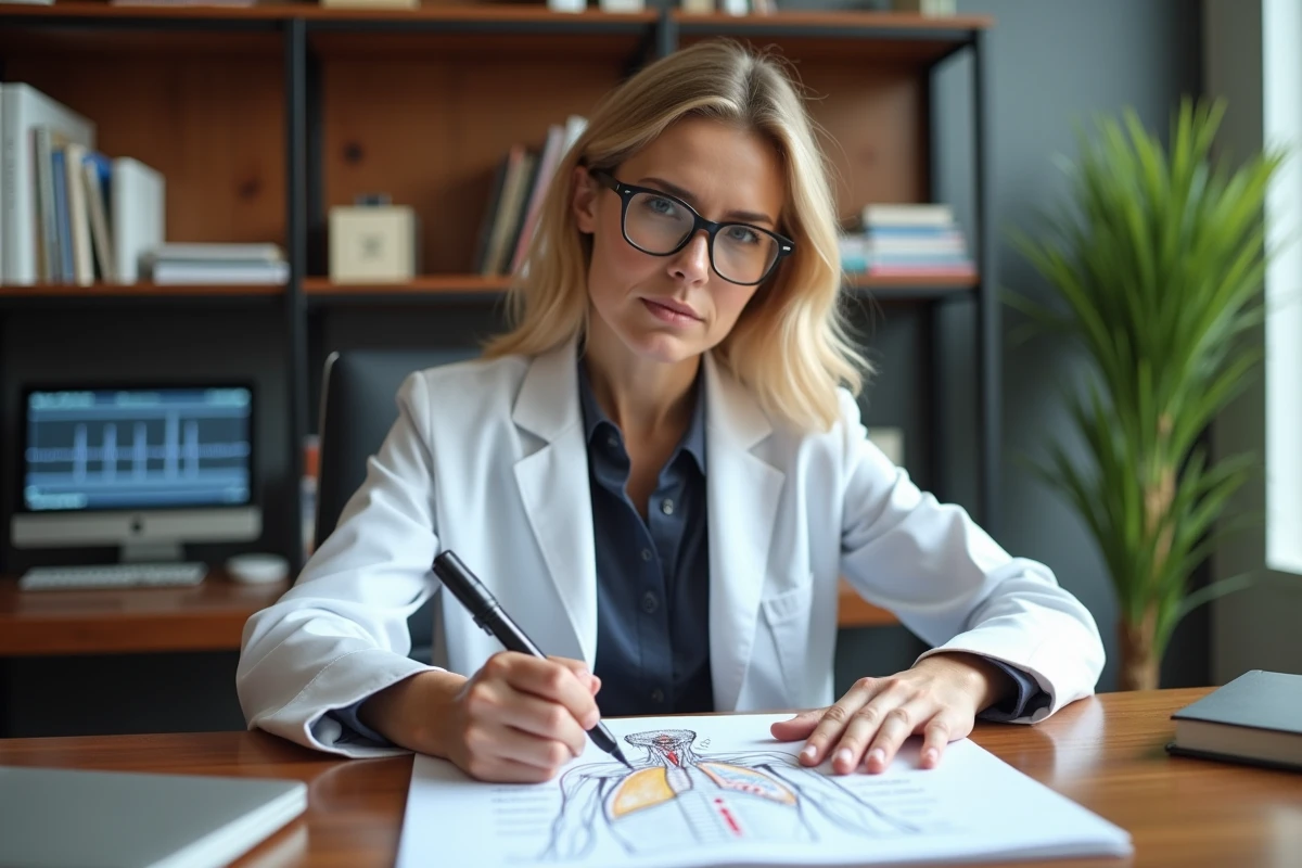 Cardiologue dessinant un schéma des quatre foyers d'auscultation cardiaque sur un carnet médical