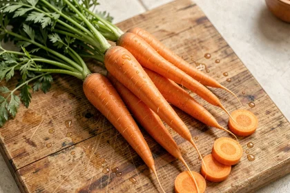 Carottes fraîches entières avec fanes vertes posées sur une planche en bois, illustrant les glucides naturels de la carotte