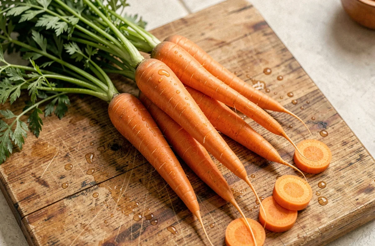 Carottes fraîches entières avec fanes vertes posées sur une planche en bois, illustrant les glucides naturels de la carotte