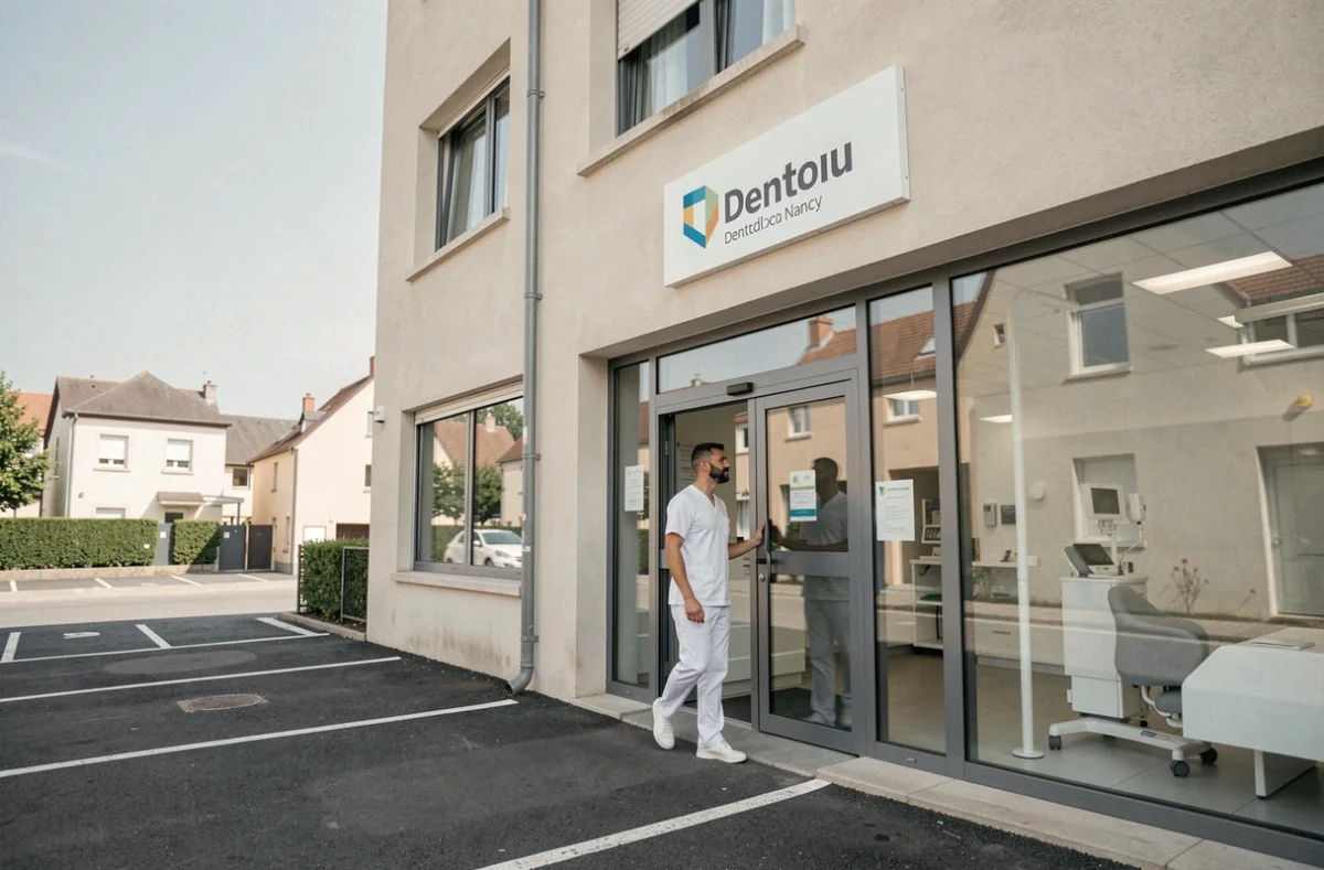 Façade et entrée du Centre Dentaire Laxou Dentego dans une rue de banlieue nancéienne