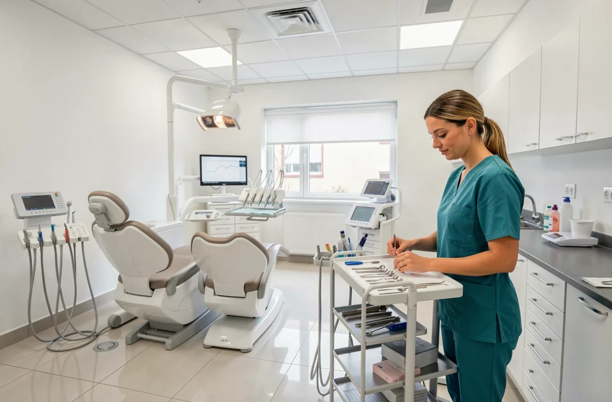Salle de soins moderne du Centre Dentaire Nancy Dentego avec assistante dentaire en préparation