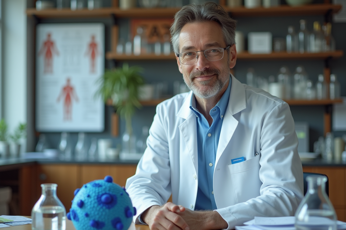 Chercheur en laboratoire avec modèle cellulaire et verre d