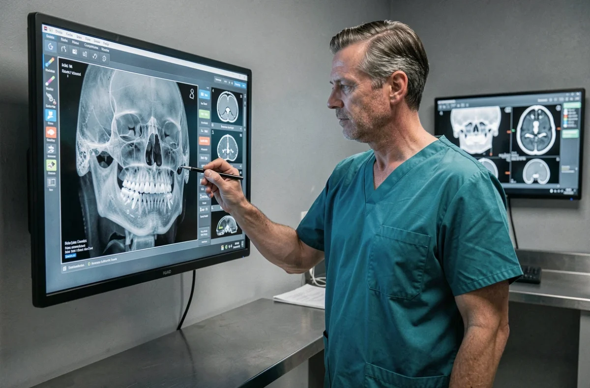 Chirurgien maxillo-facial analysant des radiographies et scanners de la mâchoire dans une salle de radiologie