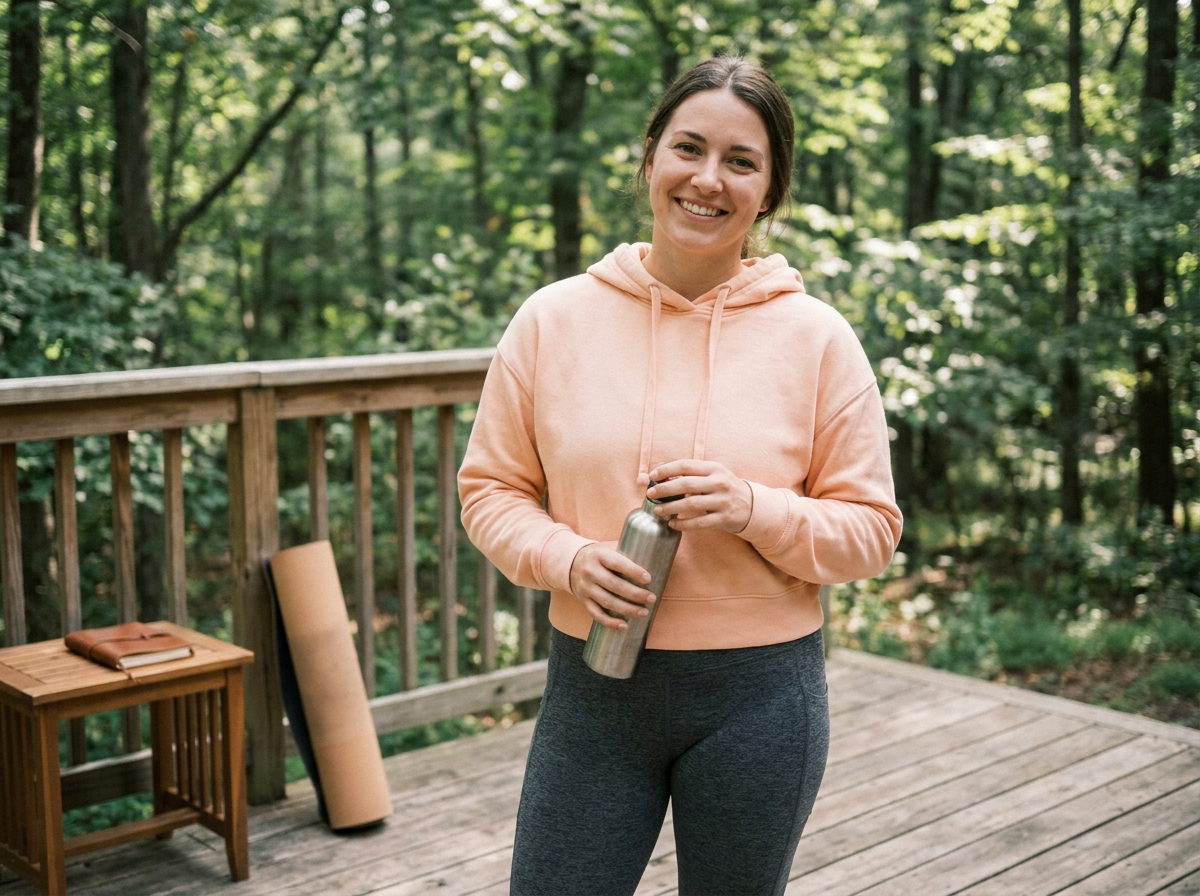 Coach bien-être en tenue sportive sur une terrasse en bois en plein air avec tapis de yoga et carnet de notes