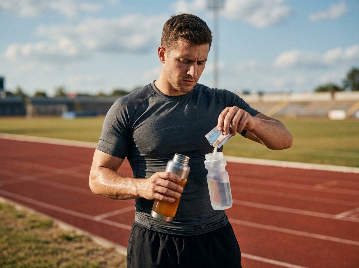 Sportif comparant une boisson maison et des électrolytes commerciaux en sachet au bord d'une piste d'athlétisme