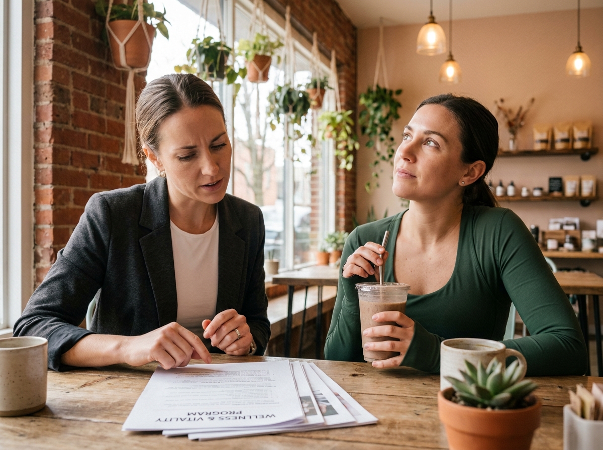 Deux femmes comparant les métiers de diététicienne et de coach bien-être autour d'un café avec des documents professionnels