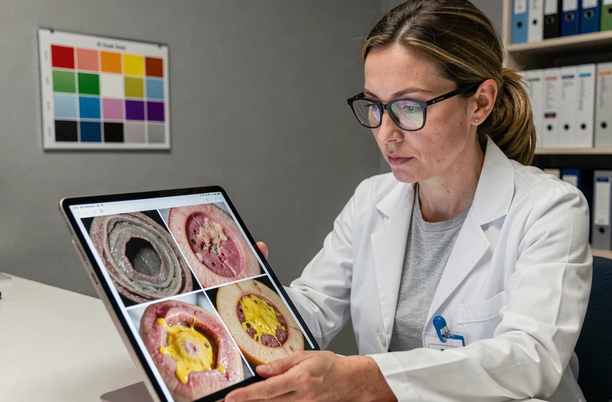Spécialiste en soins de plaies comparant des photographies couleur réelle de fibrine sur une tablette numérique en milieu hospitalier