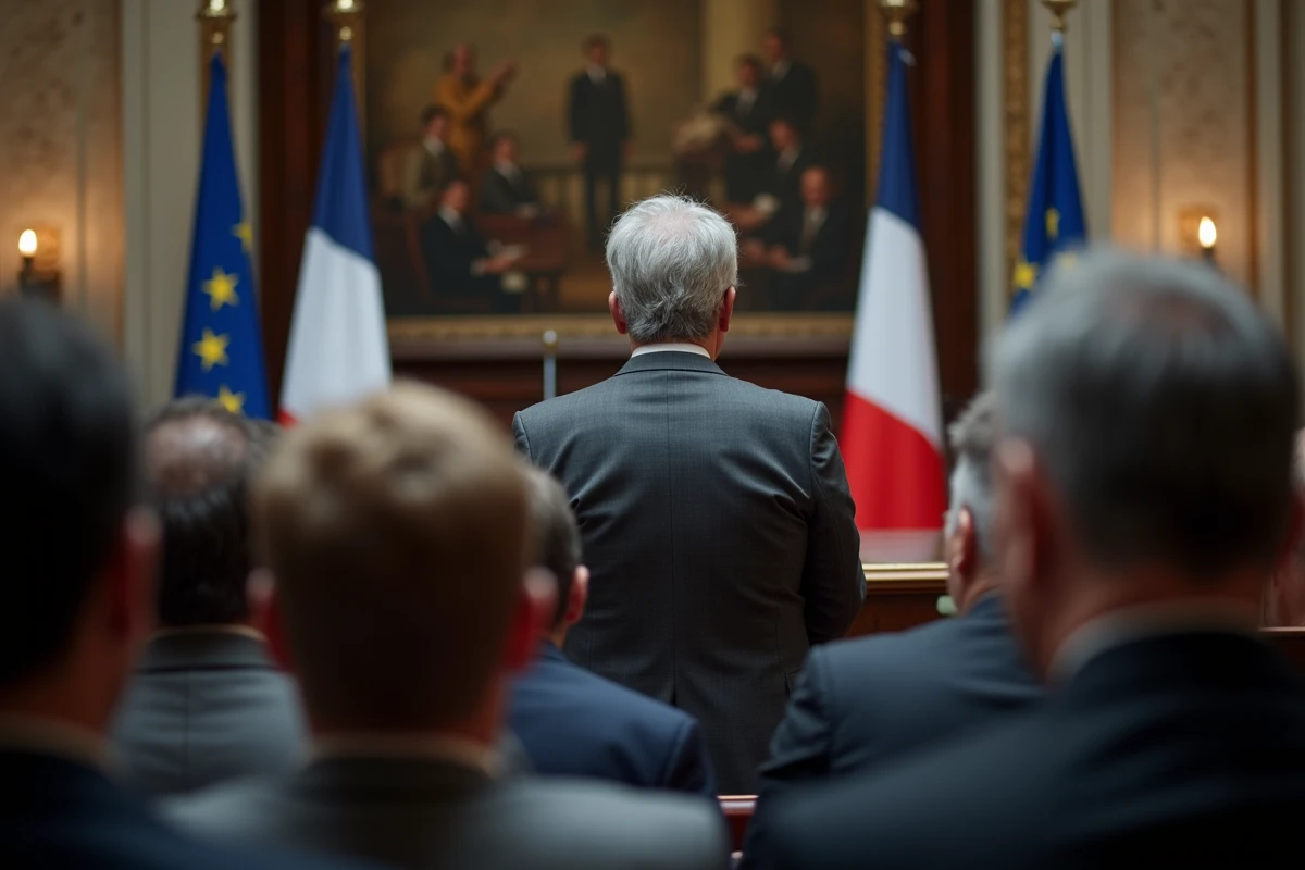 Conférence de presse institutionnelle en France avec un porte-parole à un pupitre face aux journalistes, évoquant la communication officielle sur la santé d'une personnalité politique