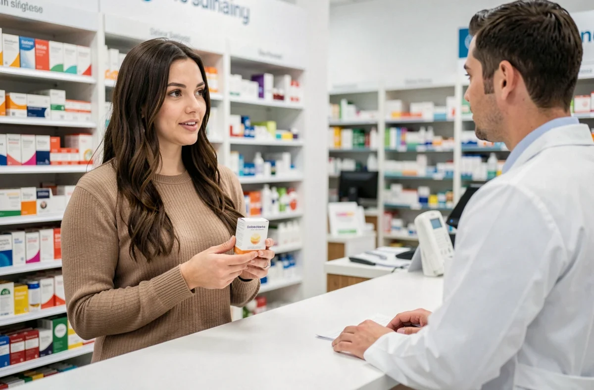 Femme en pharmacie demandant conseil sur un complément naturel apaisant de type Super calm