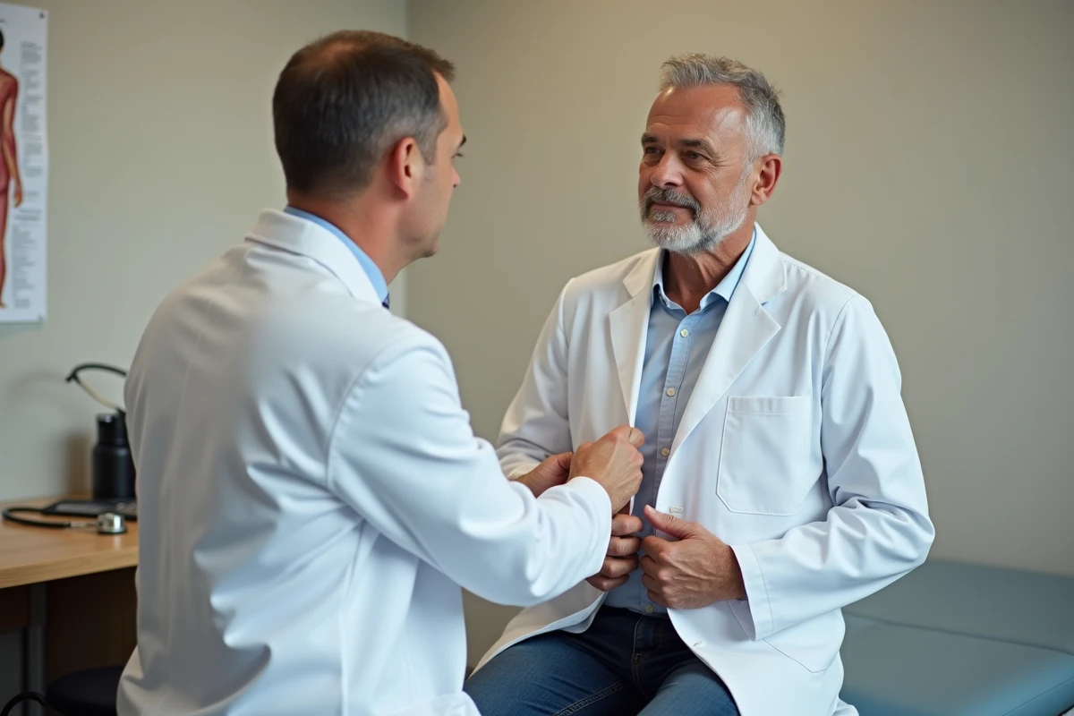 Consultation médicale pour douleur intercostale, médecin examinant la cage thoracique d'un patient adulte