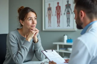 Patiente discutant avec son médecin des examens à réaliser pour la maladie de Gilbert et le risque de cancer