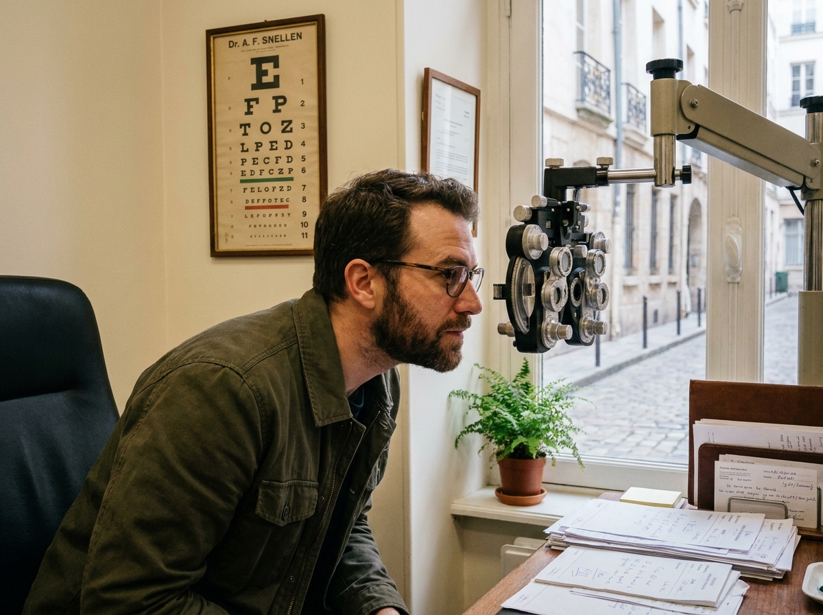 Homme en consultation ophtalmologique chez un opticien parisien avec phoroptère et tableau optométrique