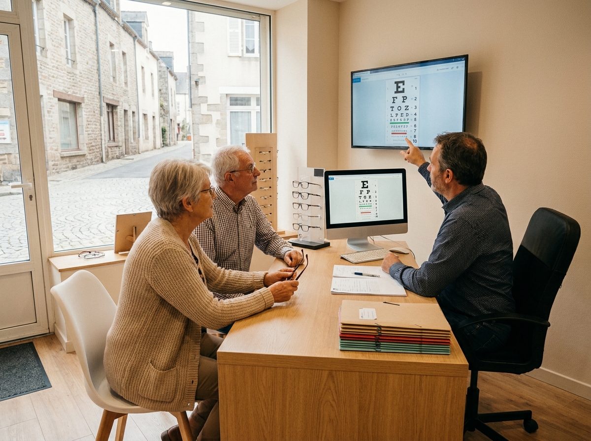 Couple de seniors en consultation chez un spécialiste de la vue pour choisir des lunettes adaptées