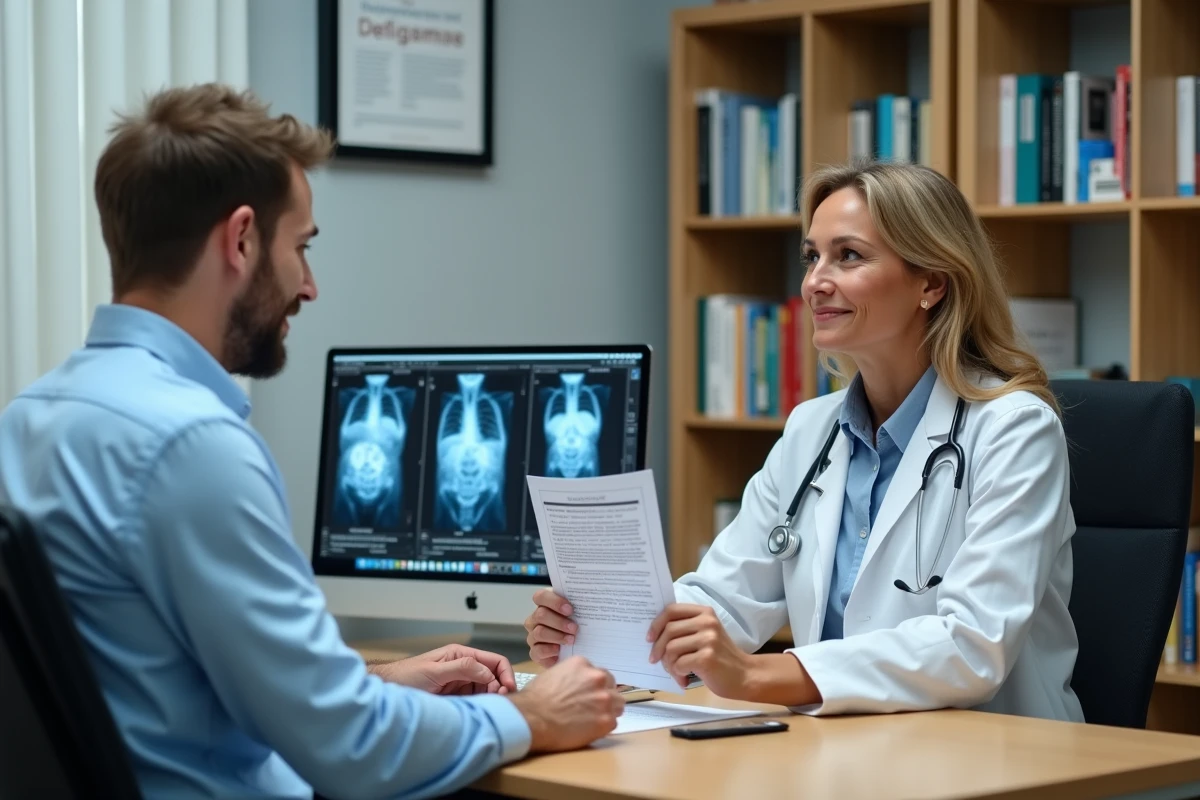 Patient consultant un médecin généraliste pour examiner les résultats d'une radio passée sans ordonnance et discuter des remboursements