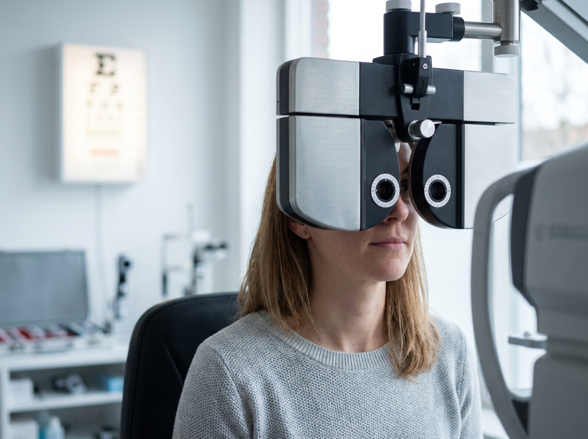 Femme adulte lors d'un contrôle de vue chez l'opticien, regardant à travers un phoroptère dans un cabinet d'optométrie moderne