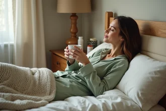 Femme en convalescence après une opération gynécologique, allongée dans son lit avec une tasse chaude, illustrant le repos à domicile après ablation de trompe