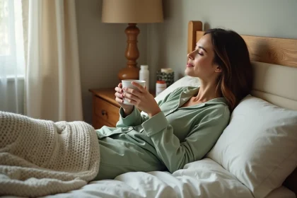 Femme en convalescence après une opération gynécologique, allongée dans son lit avec une tasse chaude, illustrant le repos à domicile après ablation de trompe