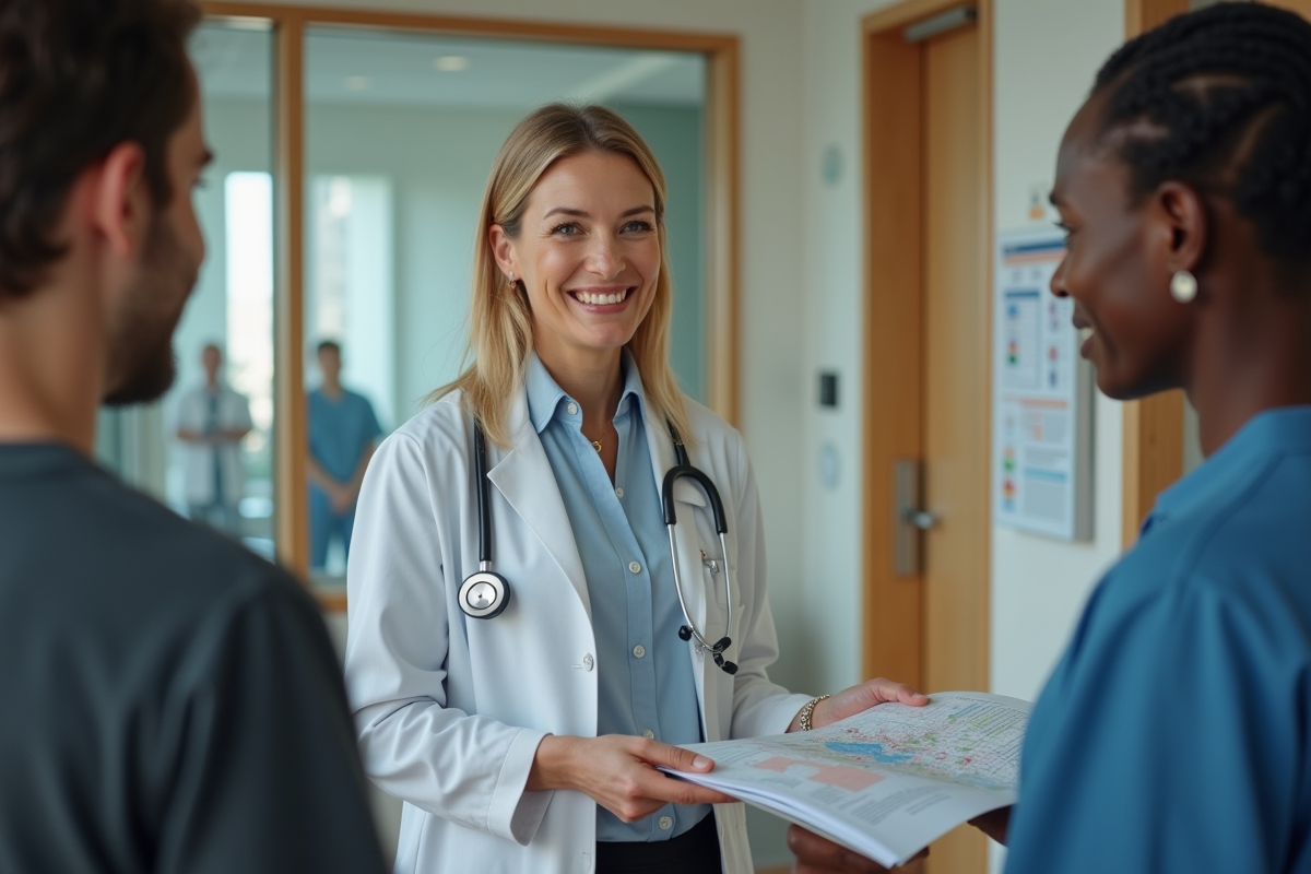 Coordonnatrice santé expliquant un réseau à deux jeunes