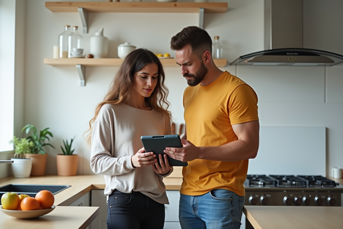 Jeune couple regardant une tablette dans une cuisine moderne