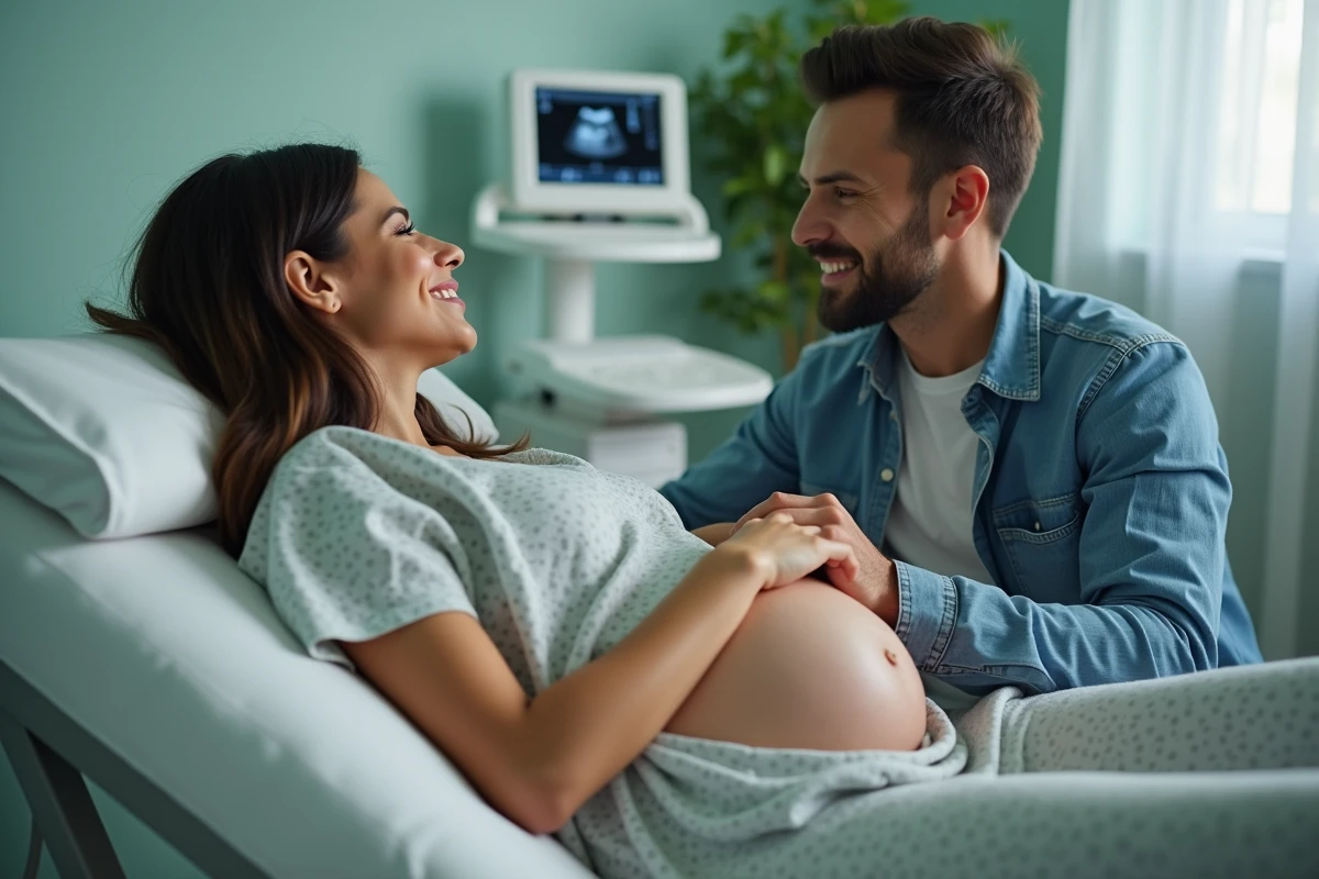 Couple attendant les résultats de l'échographie du premier trimestre dans une salle de consultation prénatale