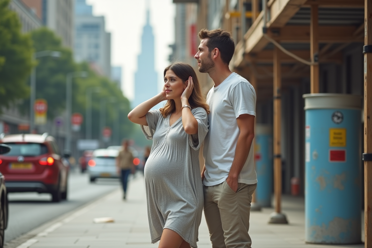 Couple enceinte surpris par un bruit en ville