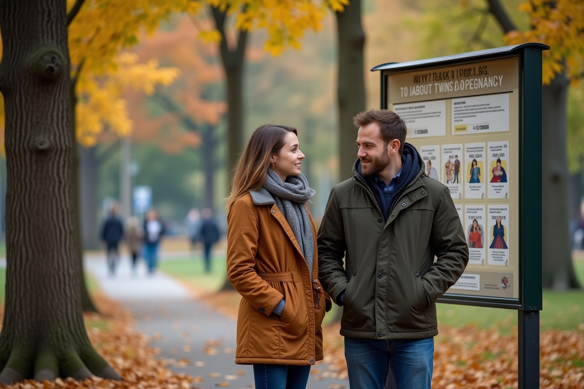 Couple curieux regardant un panneau d