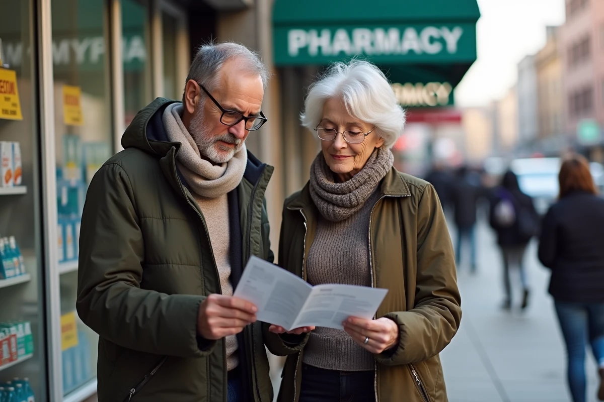 Couple âgé discutant devant une pharmacie en ville