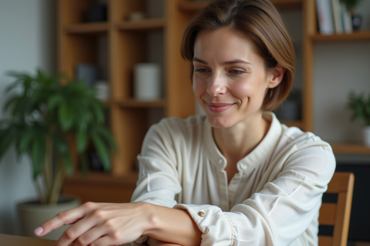 Femme montrant le point P6 sur son avant-bras dans un cadre calme