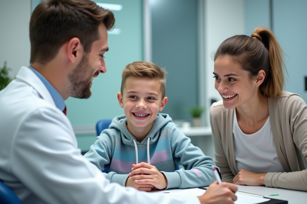 Dentiste discutant avec famille dans un cabinet dentaire